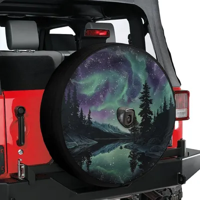Spare Tire Cover, Northern Lights Aurora Borealis, Night Sky Landscape Graphic, Pine Forest Wheel Protector, Universal Spare Tire Cover