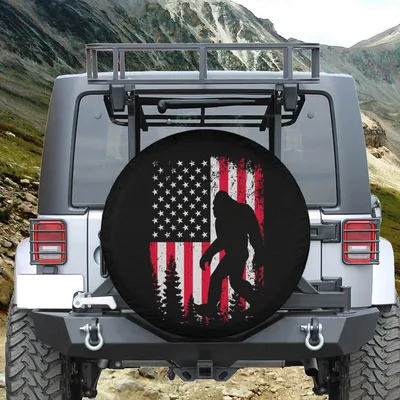Patriotic Bigfoot Spare Tire Cover, American Flag Adventure Design, Funny Sasquatch Car Accessory For Outdoor Enthusiasts Spare Tire Cover