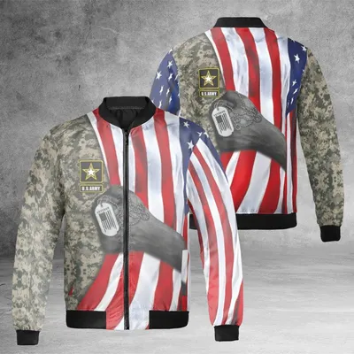 Us Army Bomber Jacket, Full Graphic American Flag & Camo Print, Veteran Patriot Dog Tag Design, Military Gift Bomber Jacket