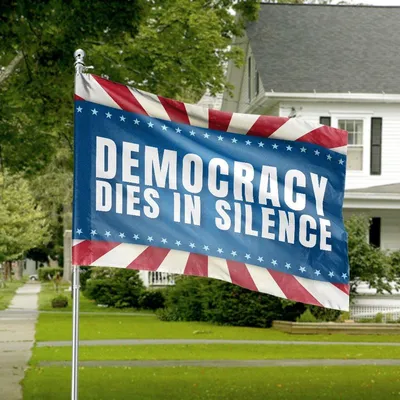 Democracy Dies In Silence American House Flag, Radiant Red & White Rays With Bold Text Horizontal House Flag
