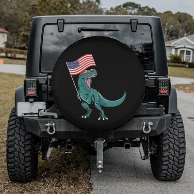 T Rex Spare Tire Cover, American Flag Dinosaur Design, Patriotic 4th Of July Theme, Waterproof Vinyl Wheel Protector Spare Tire Cover