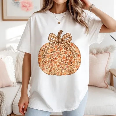 Retro Grunge Chinoiserie Pumpkin T-Shirt Floral Fall Cotton Women  Halloween Autumn Toile Style Cozy