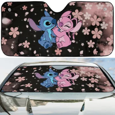 Stitch And Angel Couple Pink Flowers Love Forever Car Windshield Sun Shade T-Shirt