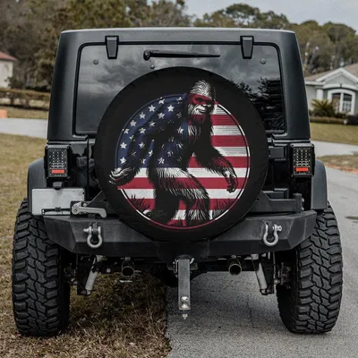 Bigfoot 4th Of July Spare Tire Cover Camera Hole Option, Bigfoot Usa Flag Tire Cover, Bigfoot Car Accessories, American Sasquatch Tire Cover Spare Tire Cover