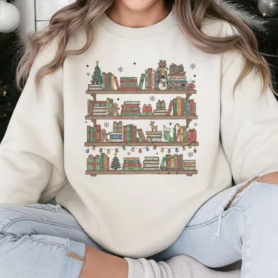 Christmas Book Shelve Sweatshirt,Reading Teacher Sweatshirt,Book Lover Christmas Gift,Vintage Xmas Librarian Reading