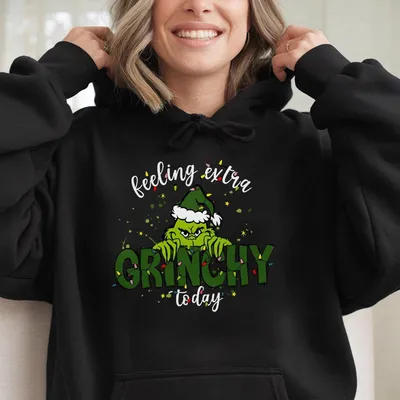 Feeling Extra Grinchy Today Hoodie Funny Green Grump Face For Holiday Laughs. Cozy Unisex Fit, Perfect For Christmas Parties