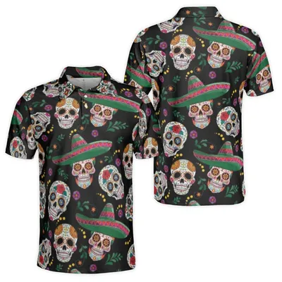 Men'S Mexican Sugar Skull Polo Polo Shirt Funny Golf Polo Polo Shirt For Men Crazy Golf Polo Polo Shirt Mexico Gift