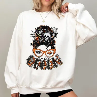 Spooky Mom Life Sweatshirt Cute Halloween Messy Bun Glasses Spider Web Graphic Funny Mom Pumpkin Ghost Bat Sweatshirt