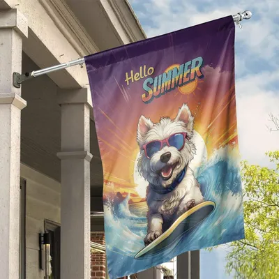 Hello Summer House Flag, Surfing Dog With Sunglasses And Sunset Beach Scene Vertical House Flag