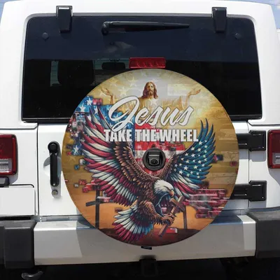 Jesus And Eagle Spare Tire Cover With Or Without Backup Camera Hole, Christian Spare Tire Covers, Eagle Tire Cover Spare Tire Cover