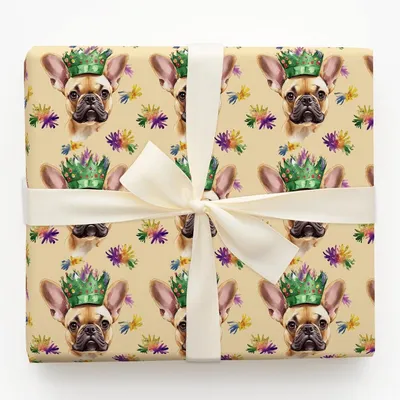 Mardi Gras Tan Frenchie - Gift Wrap for Christmas, Holidays Wrapping Paper, Christmas Wrapping Paper