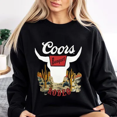 Coors Banquet Rodeo Sweatshirt – Classic Bull Skull Front Logo With Desert Cactus And Rodeo Scene Back Graphic