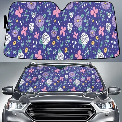 White Roses Over Flowers Cartoon Style Blue Car Sun Shades Cover Auto Windshield PrintSyde