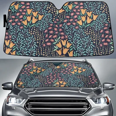 Yellow Tulip And Wildflower Over Green Tropical Leaf Car Sun Shades Cover Auto Windshield PrintSyde