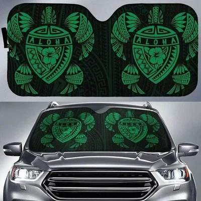 Forest Green Hawaii Map Turtle Ohana Hibiscus Kakau Polynesian Car Sun Shade Cover Auto Windshield PrintSyde