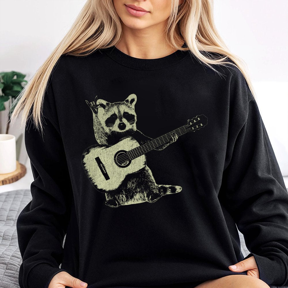 Raccoon Playing Guitar Sweatshirt Funny Animal Music Lover Top Quirky Folk Indie Rock Apparel Unique Musician Gift