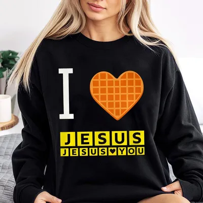 I Love Jesus Waffle Heart Funny Christian Breakfast Sweatshirt, Graphic Design Classic Top Casual Style Soft