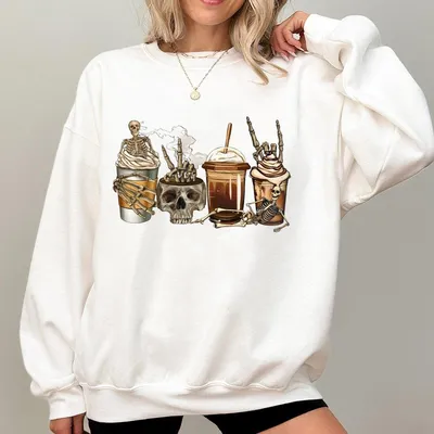 Spooky Skeleton Latte Sweatshirt  Cute Cool Halloween Sweatshirt For Party Al Size Size For Men For Women