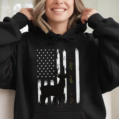 Whitetail Deer Hunting Hoodie, Printed On Back, Hunter Buck Camo American Flag Usa Hoodie, Outdoor Sportsman Hoodie, Men'S Hoodie, Patriotic Hunting Apparel