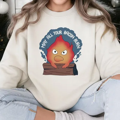 Anime Fire Spirit Sweatshirt, “May All Your Bacon Burn” Quote Sweatshirt, Funny Graphic Sweatshirt, Unisex Sweatshirt Or Sweatshirt
