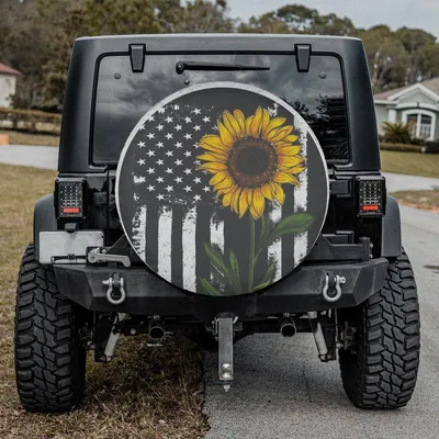 American Flag Sunflower Camping Truck Square Tire Cover, Christian Tire Cover Spare Tire Cover