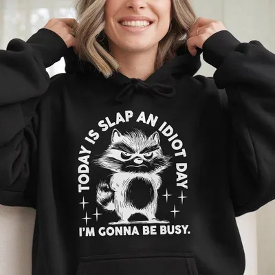 Funny Raccoon Hoodie Today Is Slap An Idiot Day Graphic Hoodie Unisex Sarcasm Quote Cozy Streetwear