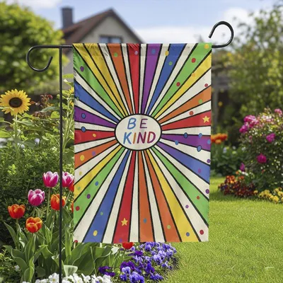 Be Kind Rainbow Garden Flag – Colorful Radiating Stripes With Dots And Stars, Positive Message Yard Decor For Pride, School Vertical Garden Flag
