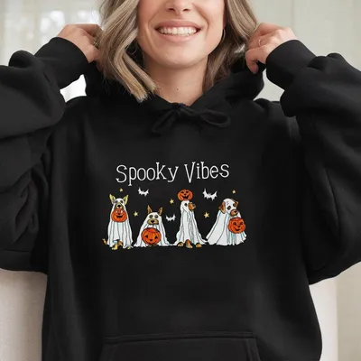Halloween Ghost Dog Graphic Hoodie, Happy Retro Spooky Vibes, Full Color Hoodie, Unisex Casual Top