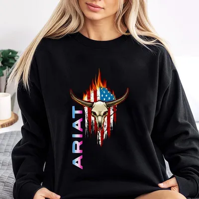 Ariat Sweatshirt Beige Unisex With Usa Flag & Bull Skull Print,Casual Soft Fit