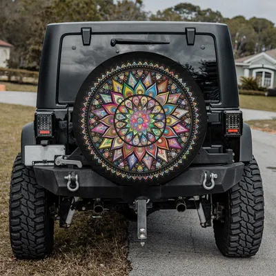Vibrant Mandala Spare Tire Cover, Colorful Bohemian Yoga Design, Spiritual Hippie Aesthetic, Waterproof Vinyl Wheel Protector Spare Tire Cover