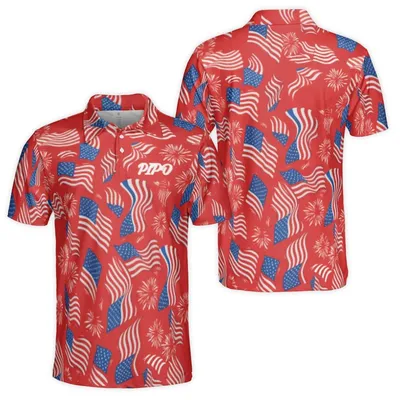 Usa Flag Polo Polo Shirt, 4th Of July, All Over Print, Patriotic American Style, Fireworks Pattern, Red White Blue, Men'S