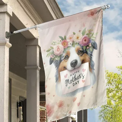Happy Mother’S Day Dog House Flag, Cute Australian Shepherd With Floral Crown And Heartfelt Message Vertical House Flag
