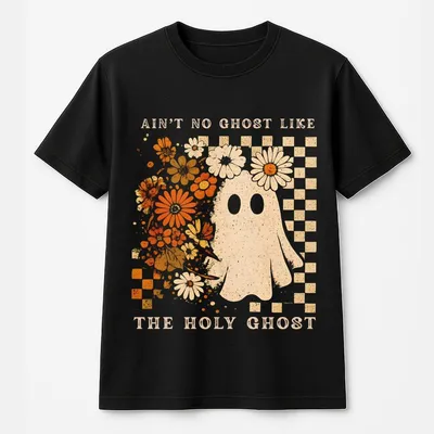Checkered Wild Flowers Ain’T No Ghost Like The Holy Ghost T-Shirt, Funny Christian Halloween T-Shirt, Bible Verse Ghost T-Shirt, Holy Spirit Jesus Apparel