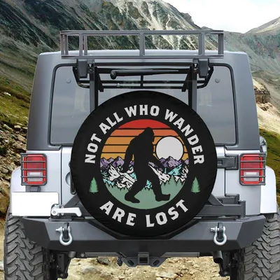 Not All Who Wander Are Lost Spare Tire Cover, Bigfoot Sasquatch Hiking Art, Retro Sunset Universal Fit, Waterproof Adventure Decor Spare Tire Cover