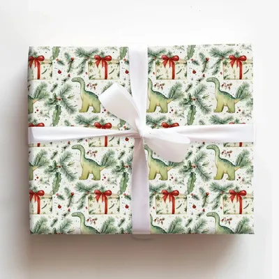 Deck the Dino - Gift Wrap for Christmas, Holidays Wrapping Paper, Christmas Wrapping Paper