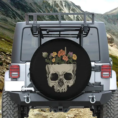 Spare Tire Cover, Floral Skull Tire Cover , Backup Camera Hole Tire Cover, Retro Skull Tire Cover With Flowers, Skull Car Accessories Women Spare Tire Cover