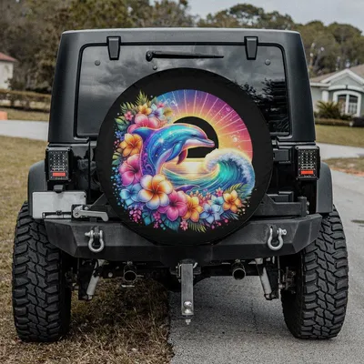 Colorful Dolphin And Tropical Flowers Spare Tire Cover, Ocean Sunset Beach Vibes, Vibrant Summer Style Car Accessory Spare Tire Cover