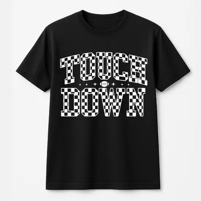 Checkered Touch Down T-Shirt, Game Day Outfits, Football Season T-Shirt, Gift For Football Lover Cotton Top Womenswear Everyday Soft