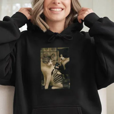Funny Cat Vintage Washed Crew Neck Hoodie Regular Fit Casual Comfort Breathable Short Sleeve Funny Hoodie For Summer Fash