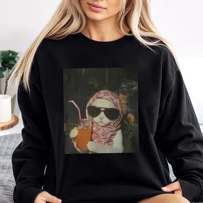 Just A Chill Girl Vintage Graphic Sweatshirt Cat And Dinosaur Sweatshirt Unisex Meme Cringe Funny Dumb Sweatshirt Menswear Womenswear