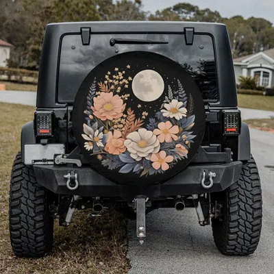 Boho Moon And Flowers Spare Tire Cover, Elegant Floral Celestial Design, Feminine Boho Car Accessory For Women, With Backup Camera Option Spare Tire Cover
