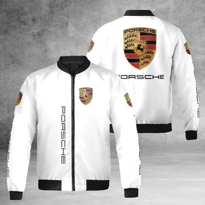 Premium Porsche Logo Bomber Jacket, Men'S Motorsport Car Enthusiast Gift, Clean White Racing Style, Luxury Gear Bomber Jacket
