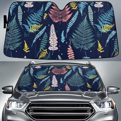 Colorful Fern Leaf Hand Drawing Style Navy Theme Car Sun Shades Cover Auto Windshield PrintSyde