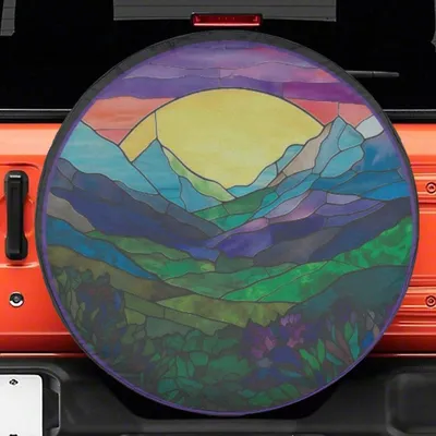 Stained Glass Mountain Sunset Design, Colorful Nature Landscape Art For Spare Tire Cover Or Boho Home Decor Spare Tire Cover