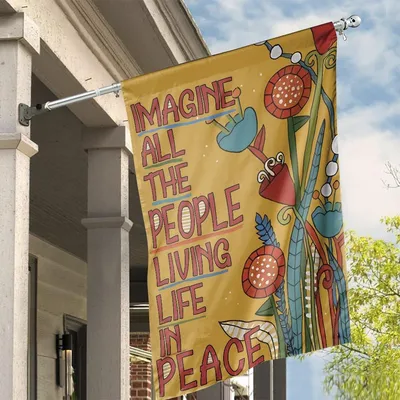 Imagine All The People Living Life In Peace Vertical House Flag, Inspirational Quote Colorful Floral Art Flag, Peace Love Harmony Outdoor Decor Vertical House Flag