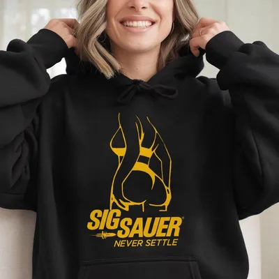 Sig Sauer Hoodie Never Settle Curvy Silhouette Graphic Bold Edgy For Gun Enthusiasts