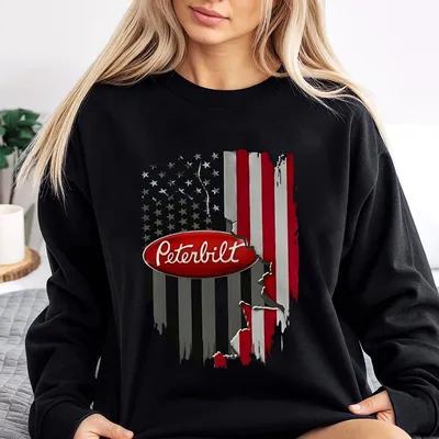 Peterbilt American Flag Trucker Sweatshirt Premium Cotton Menswear Patriotic Semi Truck Prints For Drivers Fans Classic Unisex