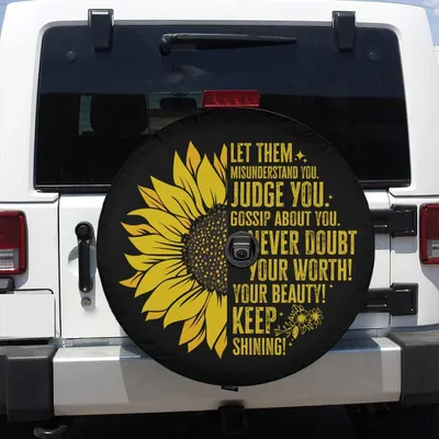 Keep Shining Sunflower Spare Tire Cover, Never Doubt Your Worth Positive Quote, Yellow Flower Wheel Protector Spare Tire Cover