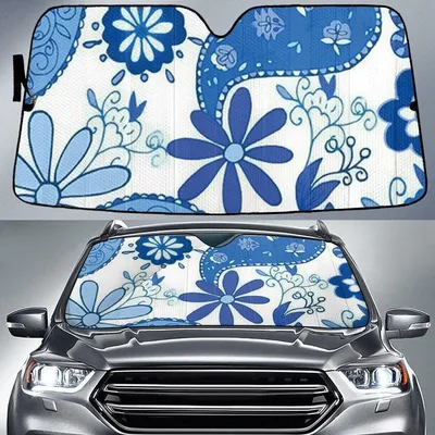 Blue Color Daisy Flowers Cartoon Drawing Style White Car Sun Shades Auto Windshield PrintSyde