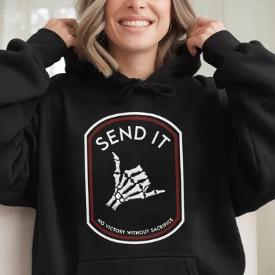 Savage Tacticians Hoodie – Send It Graphic,Skeleton Hand Sign,No Victory Without Sacrifice,Bold Tactical For Men & Women